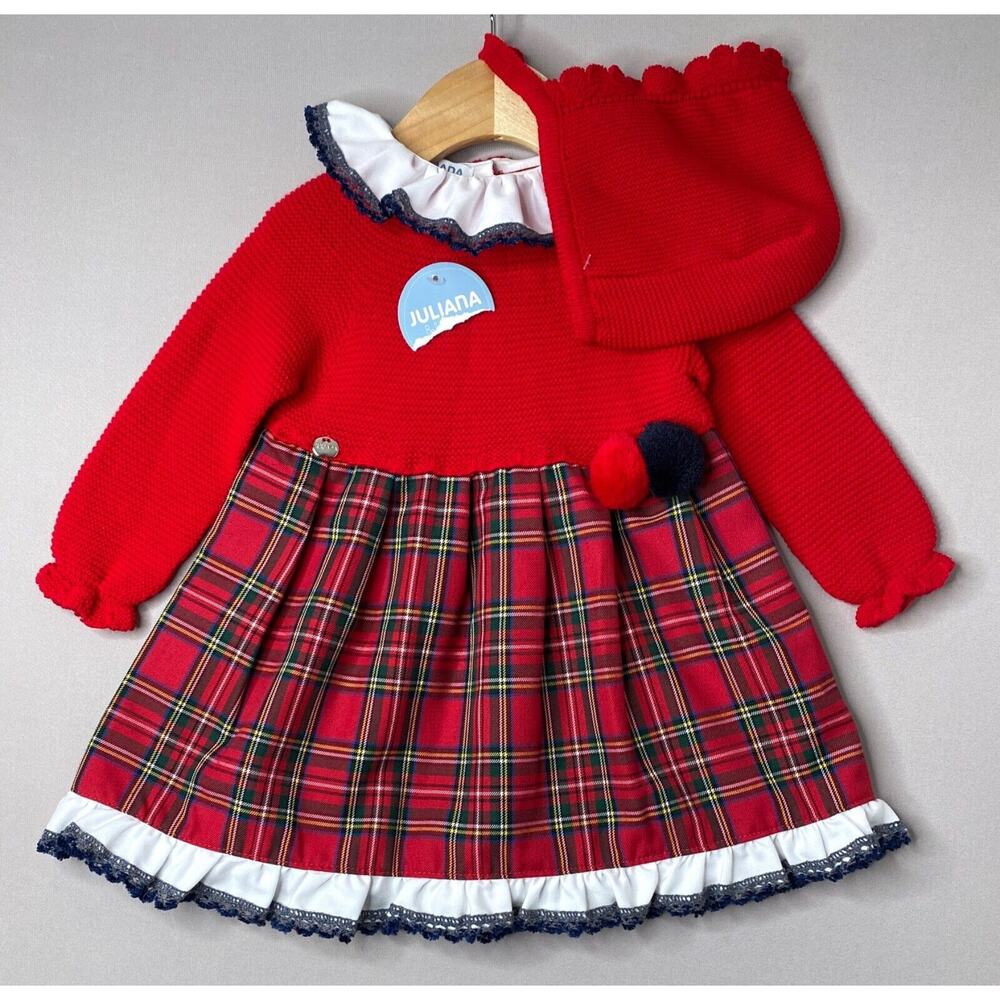 NWT Juliana Spain Girls 18 Mo Red Tartan Plaid Dress/Knit Bonnet